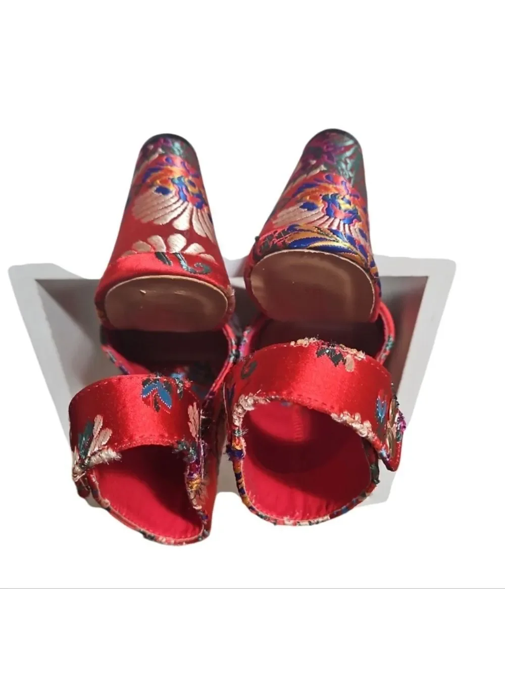 Bamboo Red Floral High Heels with Ankle Strap 5.5 Embroidered Colorful Handmade